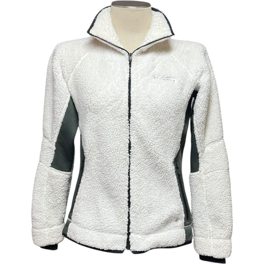 Columbia Sherpa Fleece Jacket Coat White Green Medium